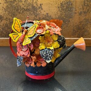 Vintage Saldana Mexican Folk Art Metal Flower Butterfly Watering Can Red Orange